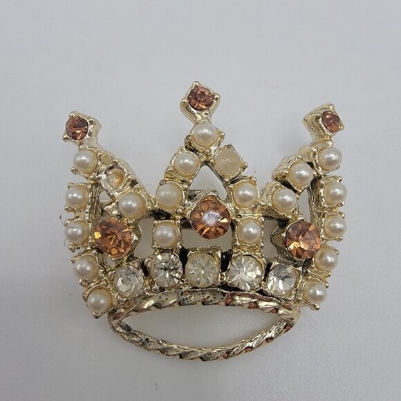 Goldtone Crown Pin Gems Brooch King Queen Lady Duchess Royalty Prince - Picture 1 of 3